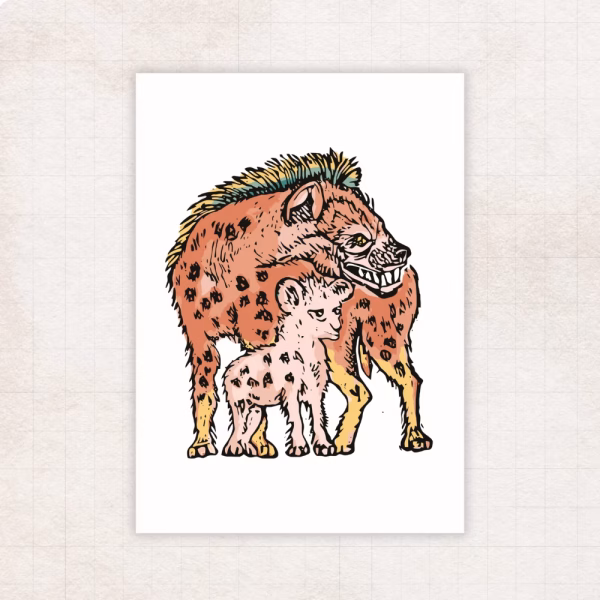A colorfully shaded blok print of a mother hyena snarling and protecting her baby