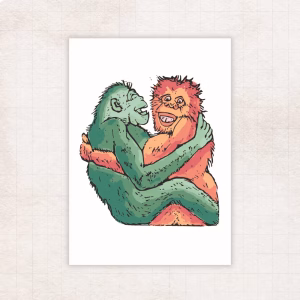 A block print of two colorful bonobos gleefully hugging