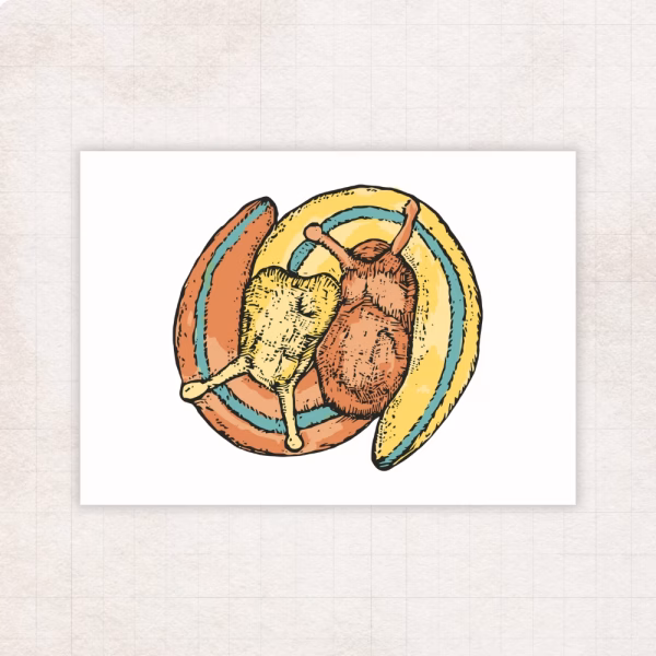 A colorful block print of two banana slugs wound together